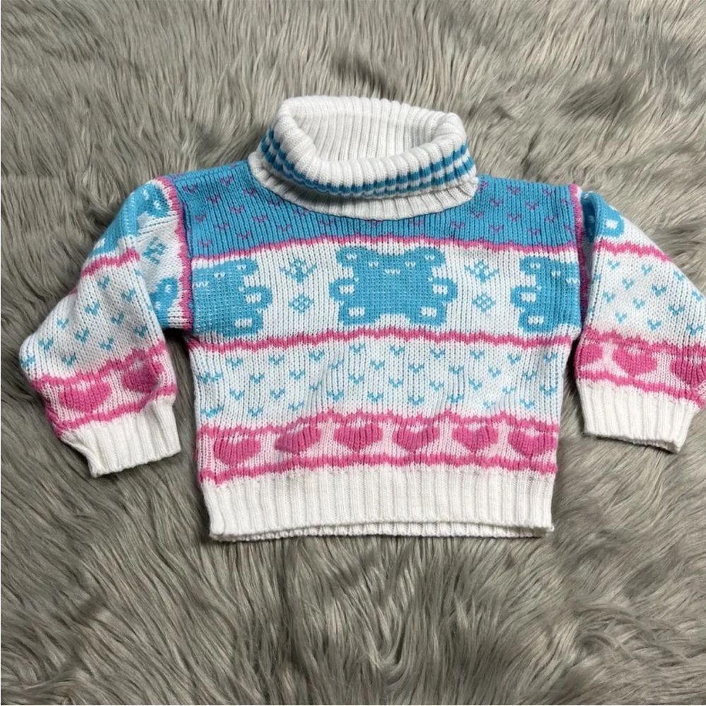 Vintage Baby Girls Blue Pink White Heart Teddy Bear Turtleneck Sweater